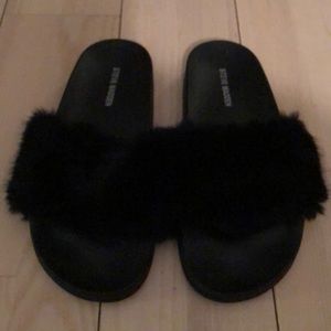 Steve Madden Black Fur Slides